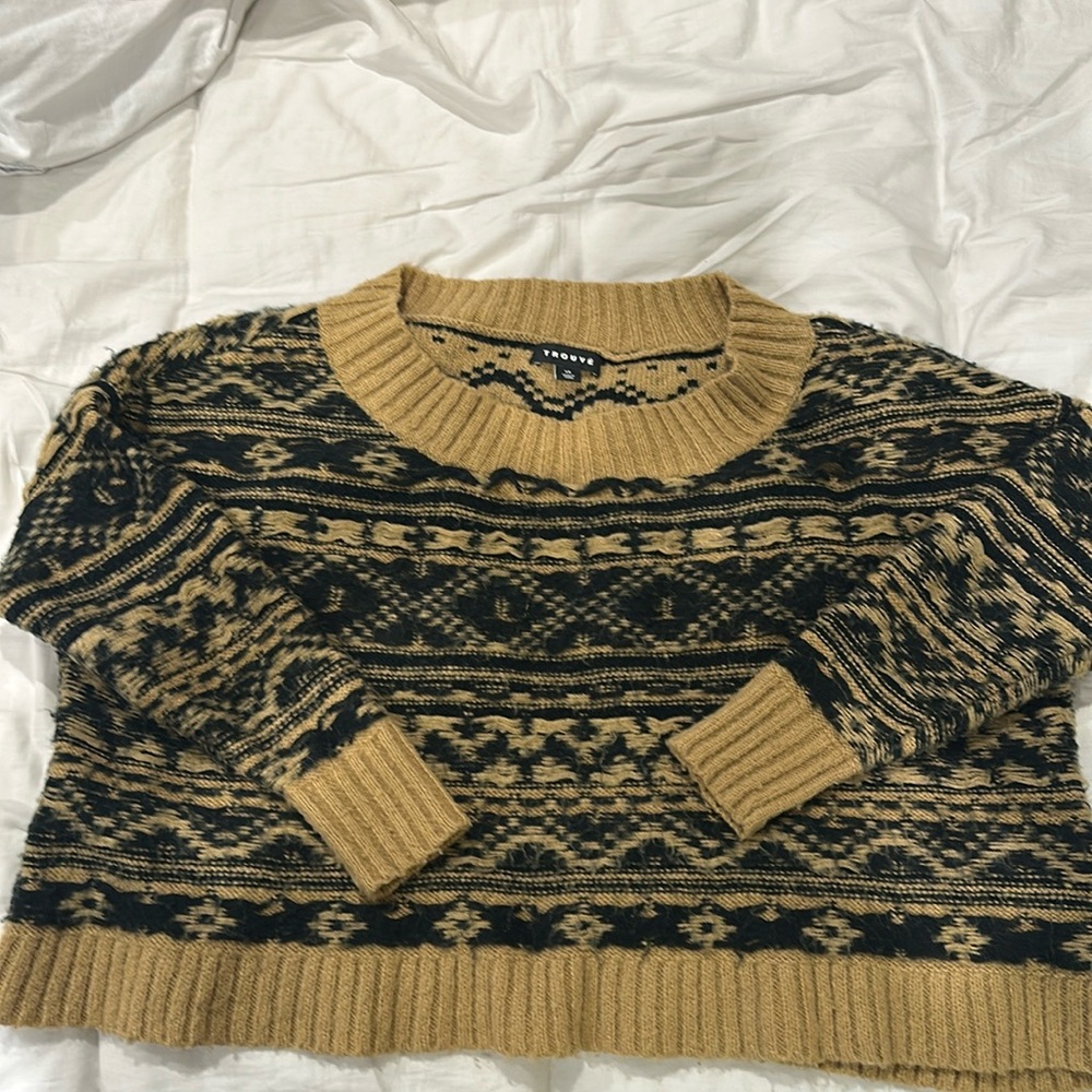 Trouve sweater inside out look. Oversized and cropped to about belly button.